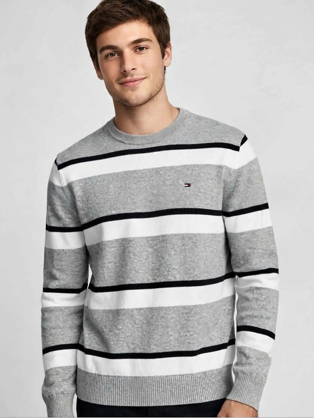 Tommy Hilfiger Men's Striped Crewneck Sweater in Gray & White